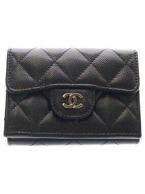 Chanel Quilted Caviar Leather Classic Small Flap Wallet Trifold Compact Black